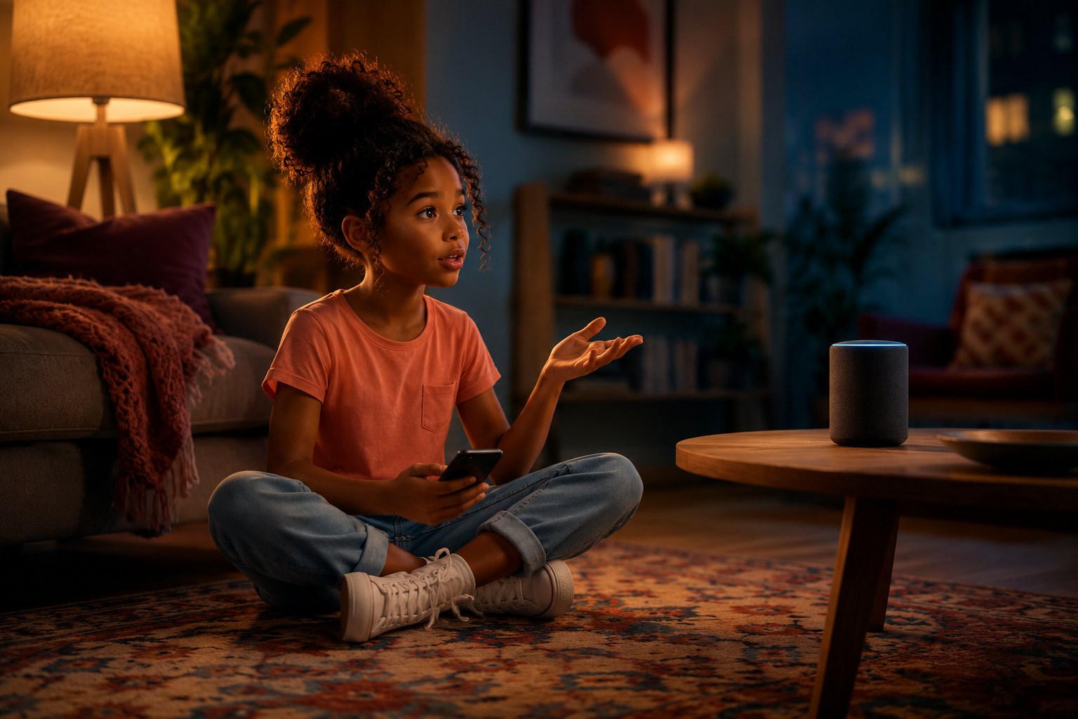 A girl sitting cross-legged on a rug, asking a smart speaker a question in a lamplit living room.