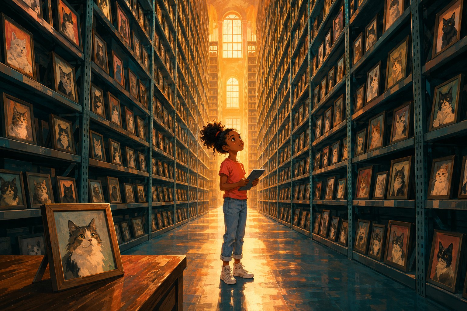 A girl standing in an enormous archive, its shelves filled to the ceiling with framed photographs of cats.