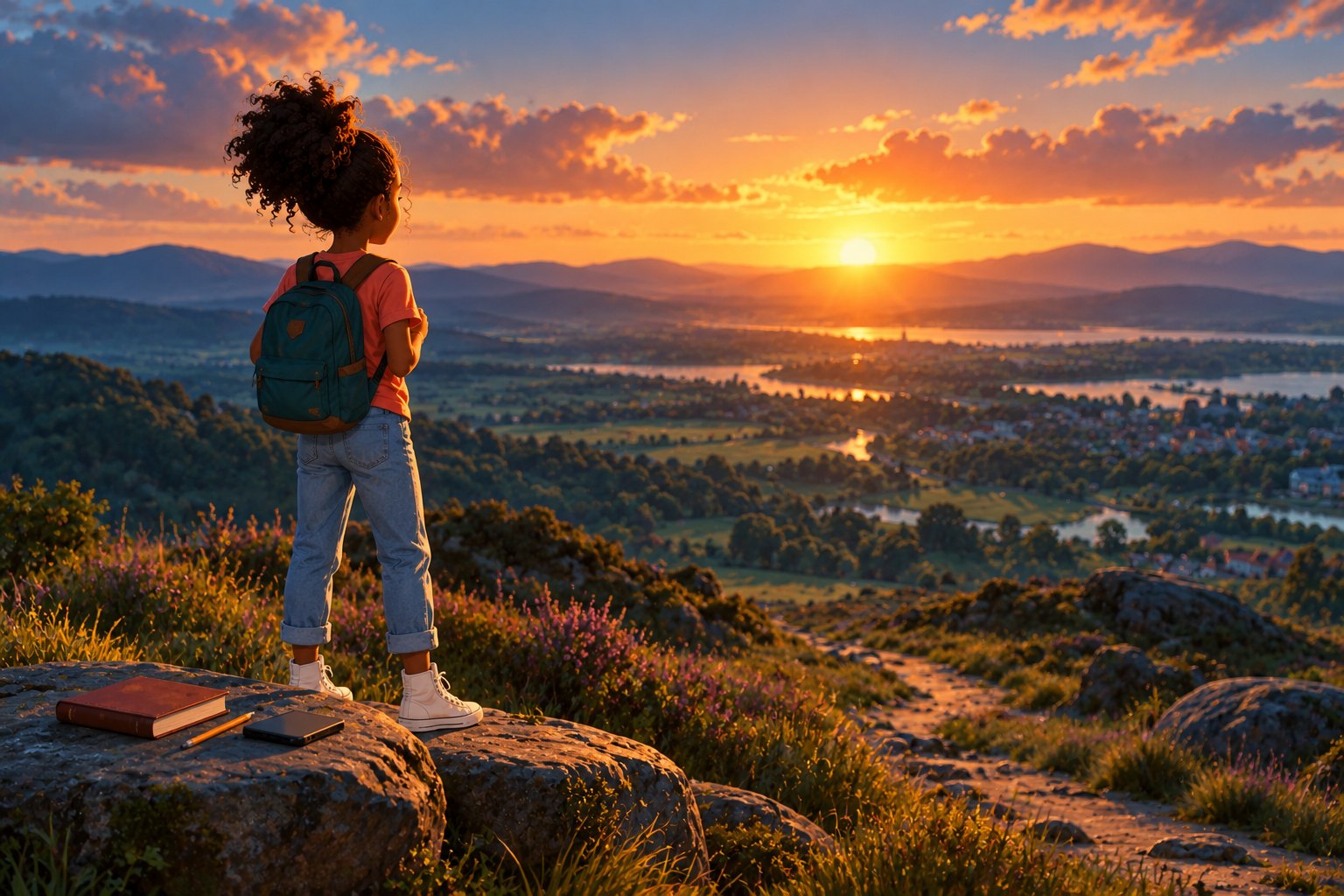 A girl with a backpack standing on a rock, looking out over a wide valley at sunset.