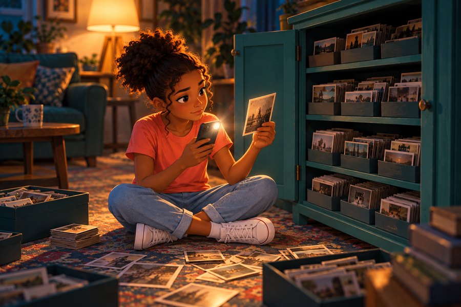 A girl shining her phone torch into a cabinet full of sorted photographs.