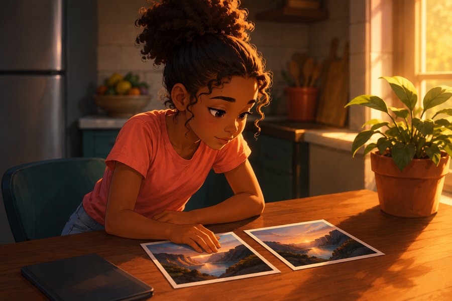 A girl leaning in to compare two nearly identical photographs on a kitchen table.